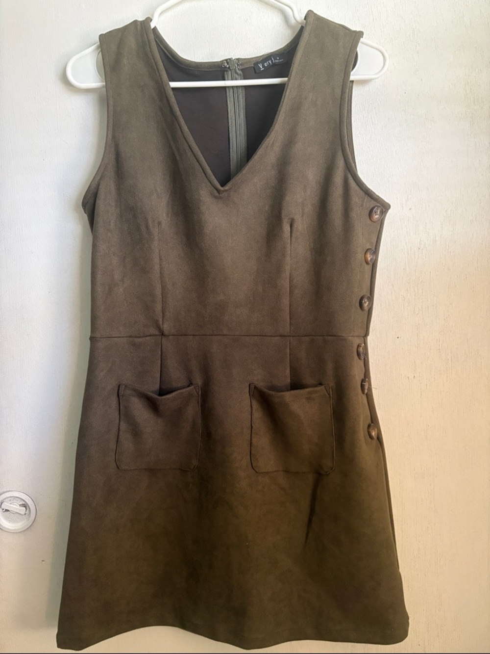 Very J Olive Green Suede-Look Sleeveless V-Neck Mini Dress